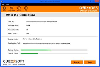 View green progess bar to preview status of Office 365 restore process, in batch
